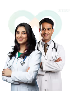Smiling male and female doctors wearing white coats and stethoscopes standing with arms crossed.