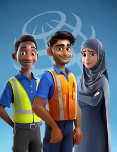 Three animated professionals standing side by side: a man in a yellow safety vest, a man in an orange safety vest, and a woman wearing a hijab and dark attire, against a blue background with a globe outline.