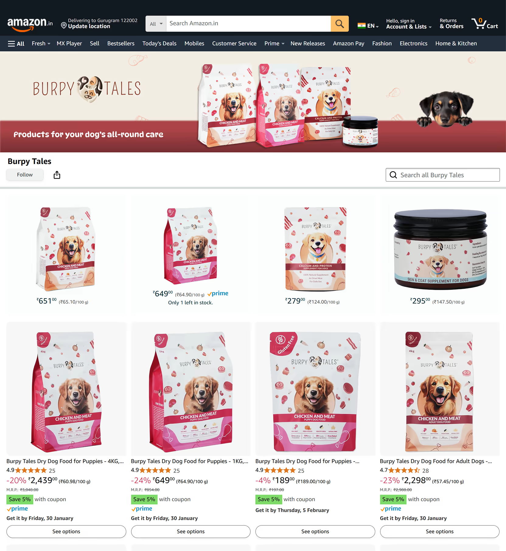 Amazon.in product page showing various Burpy Tales dog food varieties including dry food for puppies and adults and a skin & coat supplement jar.