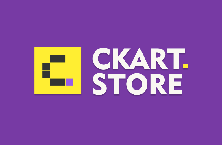 Logo with stylized letter C in black and purple pixels on a yellow square, next to the text CKART.STORE in bold white letters on a purple background.