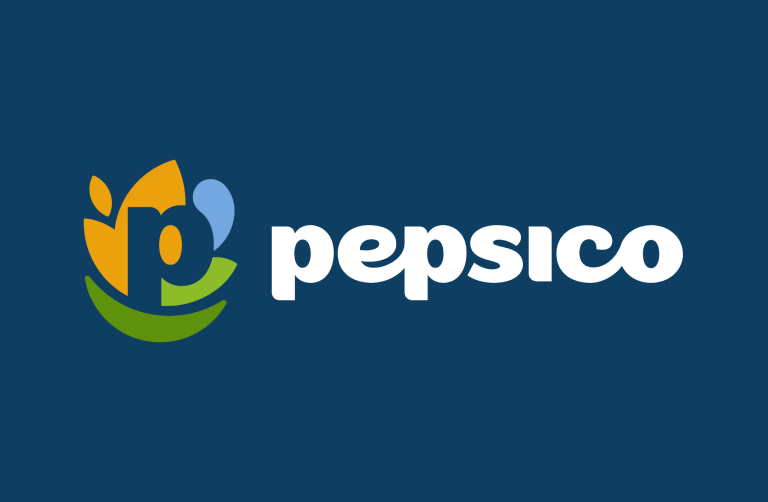 PepsiCo logo with a stylized 'p' surrounded by orange, blue, and green shapes on a dark blue background.